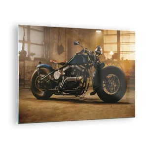 Impression sur verre - Image sur verre - Prise de vue atmosphérique d'une moto classique dans un garage - 70x50cm - Je peux tout - Décoration murale moderne pour le salon et la chambre ARTTOR