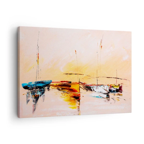 Impression sur toile - Image sur toile - Bateaux colorés sur une eau calme au coucher du soleil - 70x50cm - Soirée à la marina - Décoration murale moderne pour le salon et la chambre ARTTOR