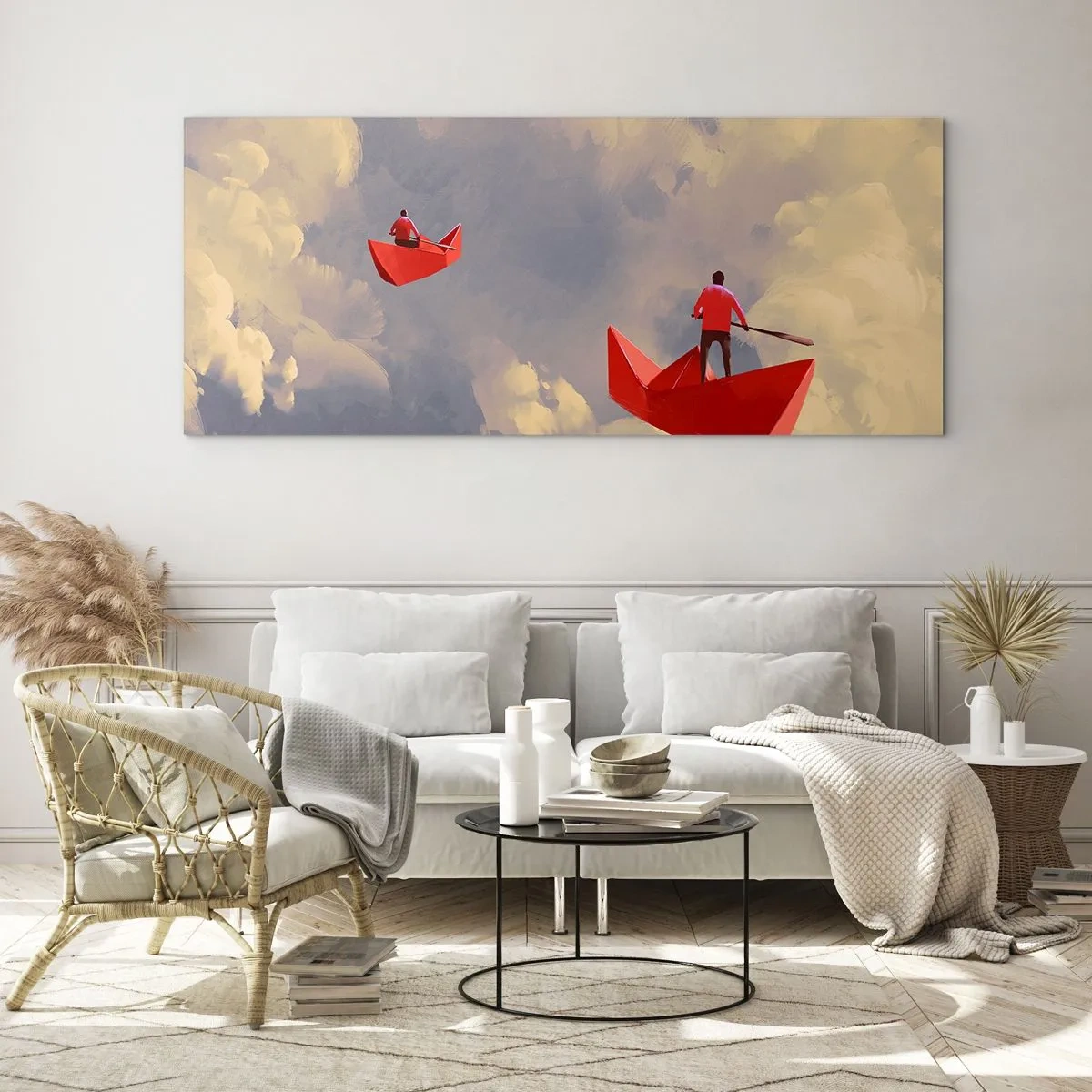 Impression sur verre - Image sur verre - Bateaux en papier rouges flottant dans les nuages - 160x50cm - Expédition des Rêveurs - Décoration murale moderne pour le salon et la chambre ARTTOR