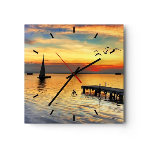 Horloge murale - Pendule murale - Coucher de soleil avec un voilier et une jetée sur un lac calme - 30x30cm - Le soir revient - Décoration murale moderne pour le salon et la chambre ARTTOR