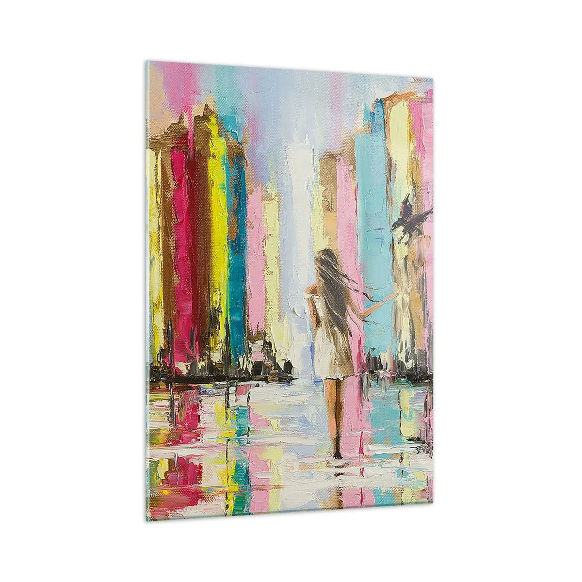 Impression sur verre - Image sur verre - Une femme avec un oiseau en arrière-plan de bâtiments colorés - 50x70cm - Viens avec moi - Décoration murale moderne pour le salon et la chambre ARTTOR