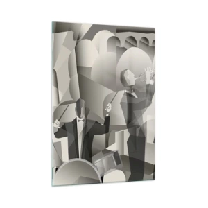 Impression sur verre - Image sur verre - Scène de groupe de jazz stylisée dans des tons monochromes - 50x70cm - Dans l'espace des sons - Décoration murale moderne pour le salon et la chambre ARTTOR