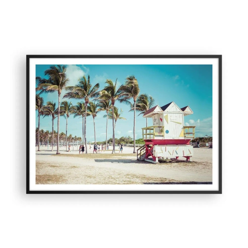 Affiche dans un cadre noir - Poster - Une plage avec des palmiers et une tour de sauvetage en arrière-plan - 100x70cm - Une belle journée devant toi - Décoration murale moderne pour le salon et la chambre ARTTOR