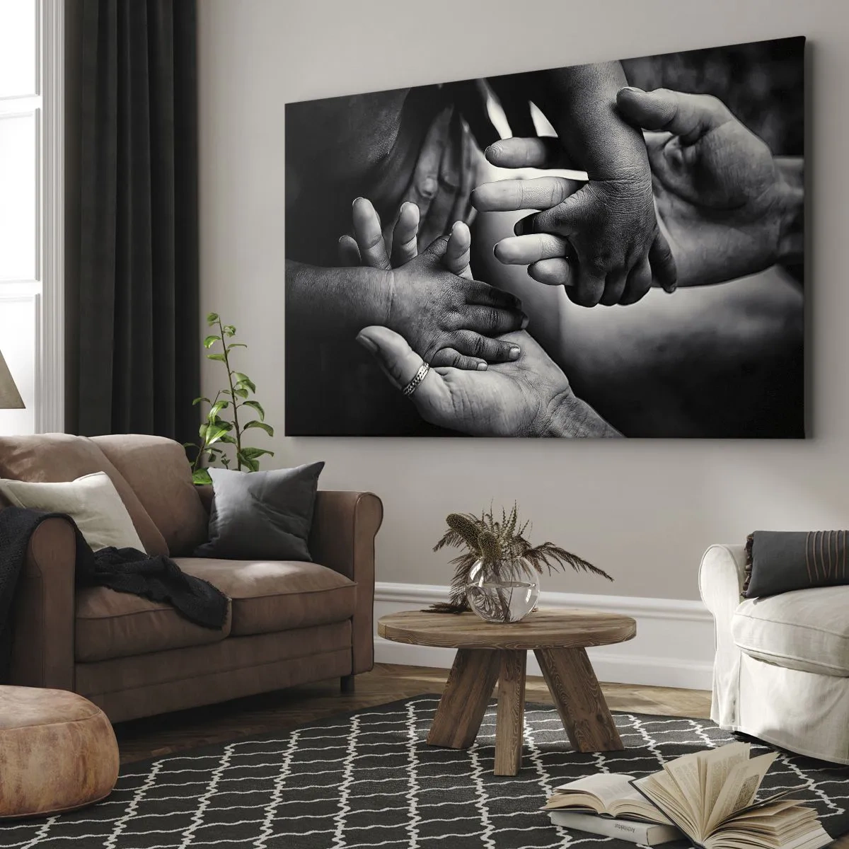 Impression sur toile - Image sur toile - Mains noires et blanches de différentes générations - 100x70cm - Être humain - Décoration murale moderne pour le salon et la chambre ARTTOR
