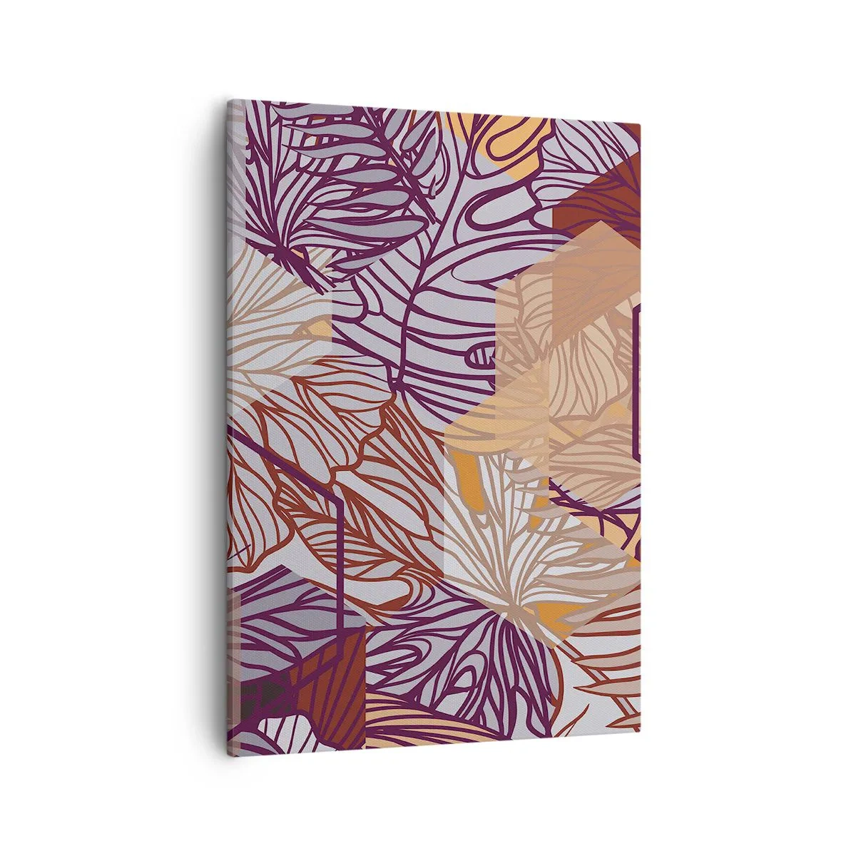 Impression sur toile - Image sur toile - Un motif décoratif de feuilles tropicales dans des tons de violet, d'orange et de beige. - 50x70cm - Relation impossible entre la géométrie et la nature - Décoration murale moderne pour le salon et la chambre ARTTO