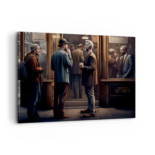 Impression sur toile - Image sur toile - Scène de rue avec des gens devant un café rétro - 100x70cm - Bon moment de la journée - Décoration murale moderne pour le salon et la chambre ARTTOR