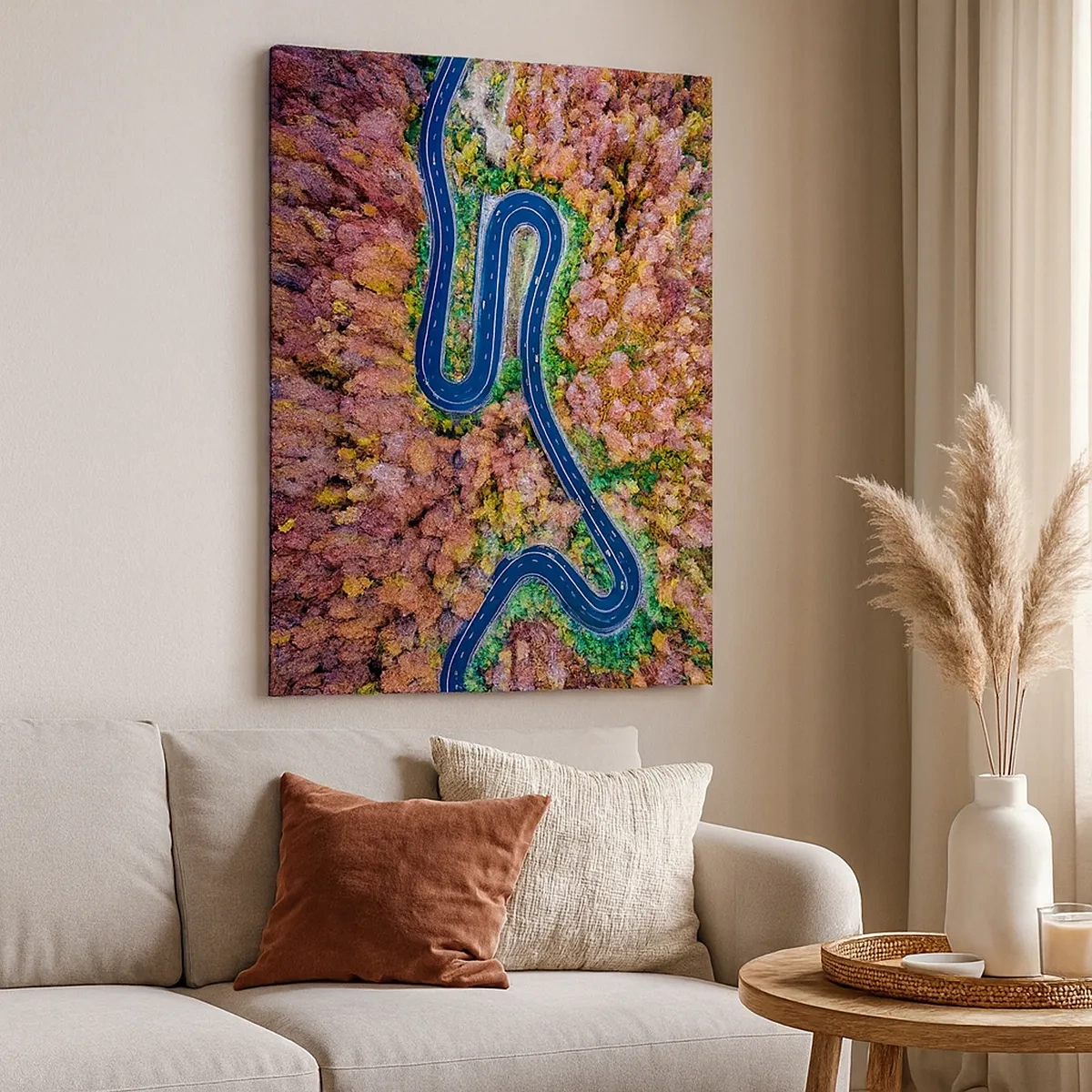 Impression sur toile - Image sur toile - Une route sinueuse dans une forêt d'automne vue à vol d'oiseau - 50x70cm - Route sinueuse à travers la forêt - Décoration murale moderne pour le salon et la chambre ARTTOR