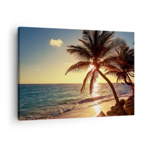 Impression sur toile - Image sur toile - Coucher de soleil tropical sur une plage avec des palmiers - 70x50cm - L'été sous les palmiers - Décoration murale moderne pour le salon et la chambre ARTTOR