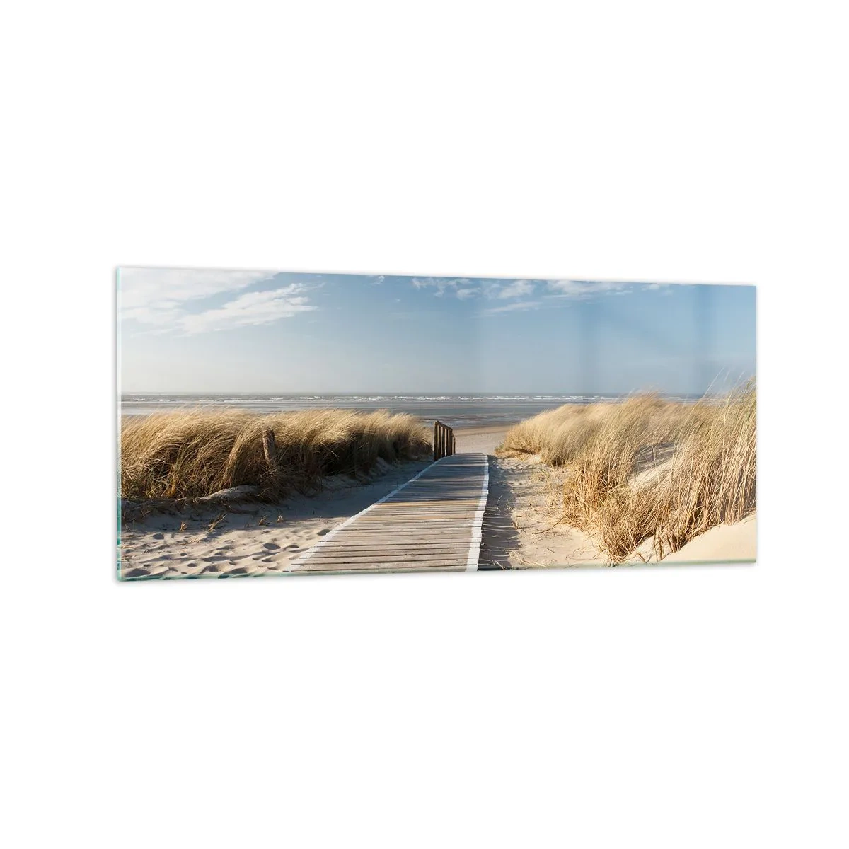 Impression sur verre - Image sur verre - Un chemin en bois mène à travers les dunes jusqu'à la mer calme - 120x50cm - Derrière la dune, dans le bruissement de l'herbe - Décoration murale moderne pour le salon et la chambre ARTTOR