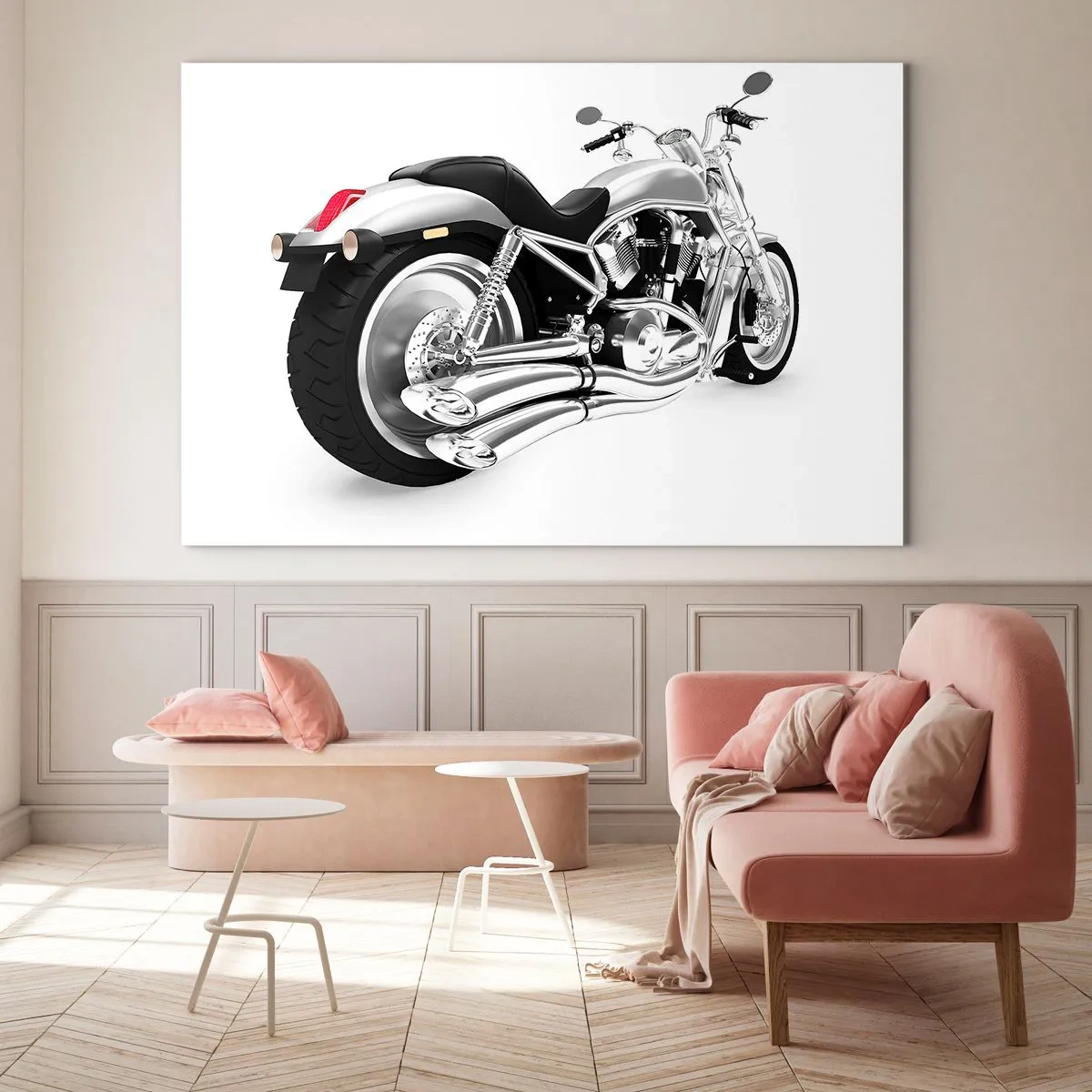 Impression sur verre - Image sur verre - Une moto chromée de style moderne sur fond blanc - 120x80cm - Rêve de collectionneur - Décoration murale moderne pour le salon et la chambre ARTTOR