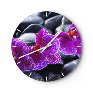 Horloge murale - Pendule murale - Orchidées violettes sur fond de pierres noires - 30x30cm - Les pierres brillaient de joie - Décoration murale moderne pour le salon, la cuisine et la chambre ARTTOR