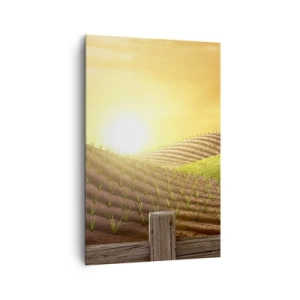 Impression sur toile - Image sur toile - Paysage rural avec une grange rouge, un tracteur et un lever de soleil - 80x120cm - Une ferme comme dans un conte de fées - Décoration murale moderne pour le salon et la chambre ARTTOR