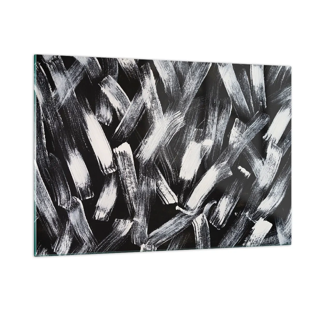 Impression sur verre - Image sur verre - Abstraction en noir et blanc de coups de pinceau sur un fond sombre - 120x80cm - L'abstraction dans l'esprit industriel - Décoration murale moderne pour le salon et la chambre ARTTOR