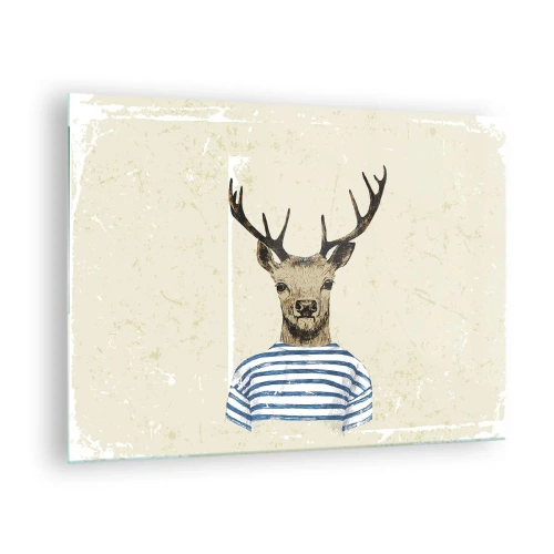 Impression sur verre - Image sur verre - Graphique d'un cerf en chemise de marin sur fond clair - 70x50cm - Parce que j'aime les chemises rayées - Décoration murale moderne pour le salon et la chambre ARTTOR