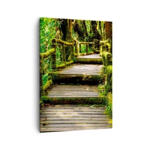 Impression sur toile - Image sur toile - Un pont en bois recouvert de mousse dans une forêt tropicale - 50x70cm - Un couloir de verdure - Décoration murale moderne pour le salon et la chambre ARTTOR