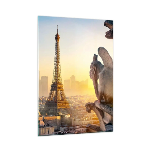 Impression sur verre - Image sur verre - La Tour Eiffel dans le brouillard matinal, avec vue sur Paris et sculptures gothiques - 50x70cm - Tellement de choses ont changés... - Décoration murale moderne pour le salon et la chambre ARTTOR