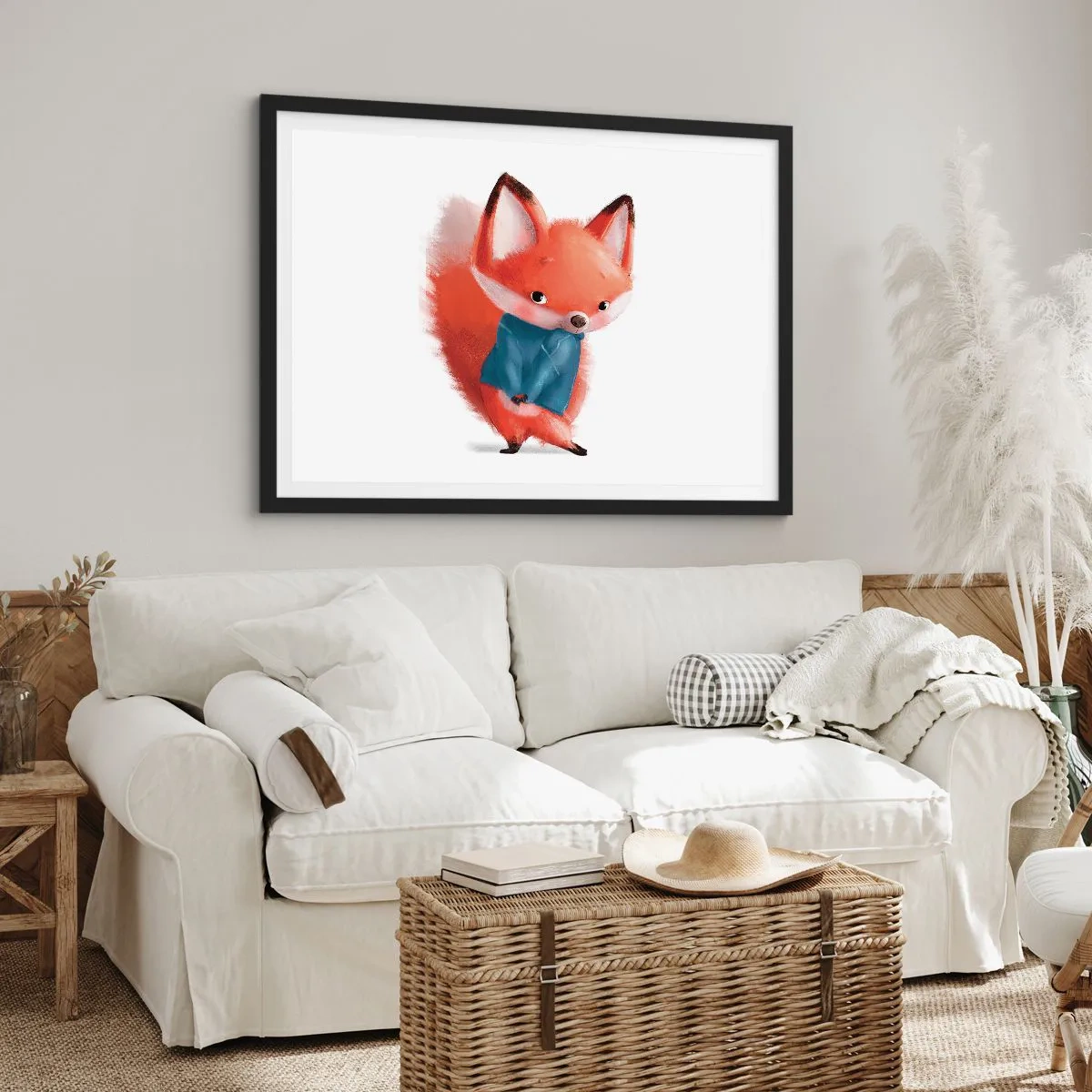 Affiche dans un cadre noir - Poster - Un renard mignon dans un costume bleu - 100x70cm - Est-ce que ça me va? - Décoration murale moderne pour le salon et la chambre ARTTOR