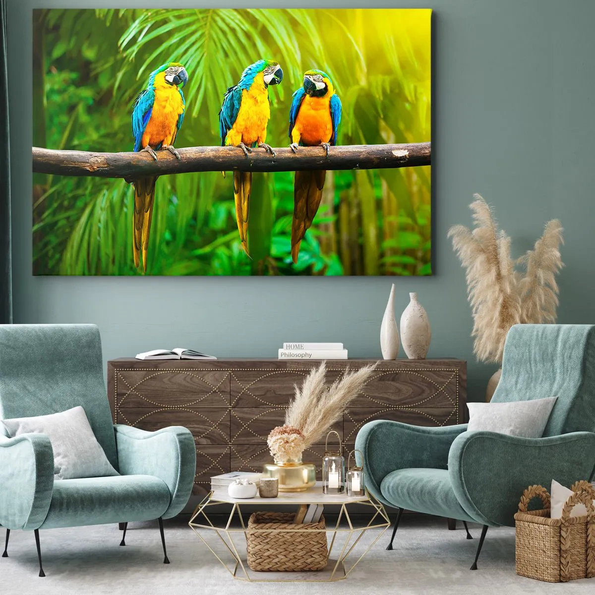 Impression sur toile - Image sur toile - Trois perroquets colorés sur fond de verdure tropicale - 70x50cm - Et avez-vous entendu qu'elle ...? - Décoration murale moderne pour le salon et la chambre ARTTOR