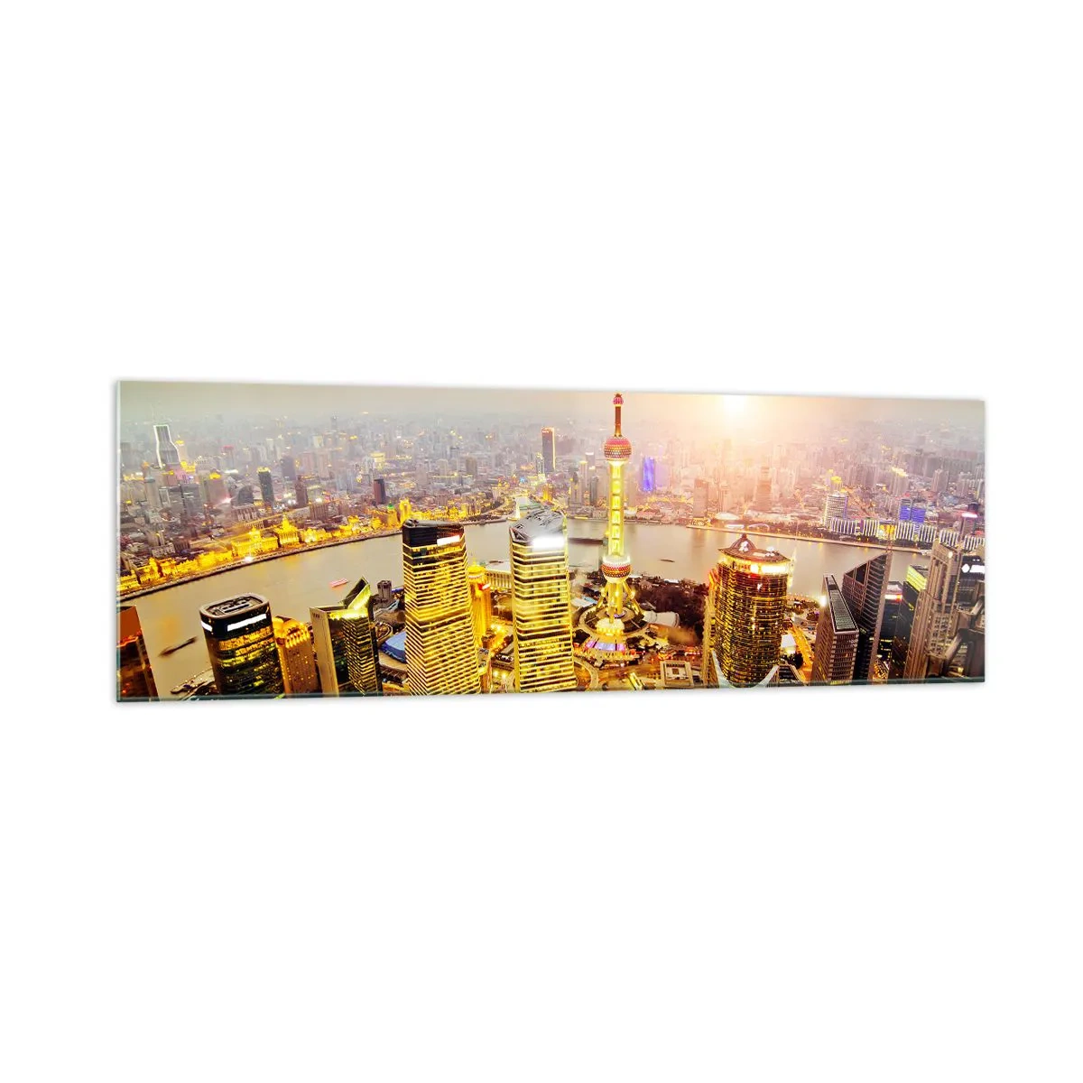 Impression sur verre - Image sur verre - Panorama de la ville avec des gratte-ciels au coucher du soleil - 160x50cm - Rêve asiatique - Décoration murale moderne pour le salon et la chambre ARTTOR