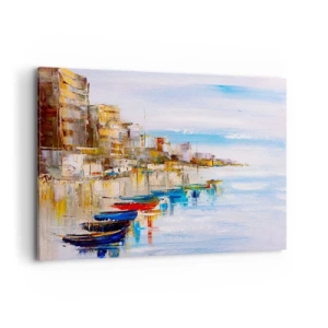 Impression sur toile - Image sur toile - Bateaux colorés sur le rivage surplombant les toits de la ville - 120x80cm - Un havre urbain multicolore - Décoration murale moderne pour le salon et la chambre ARTTOR