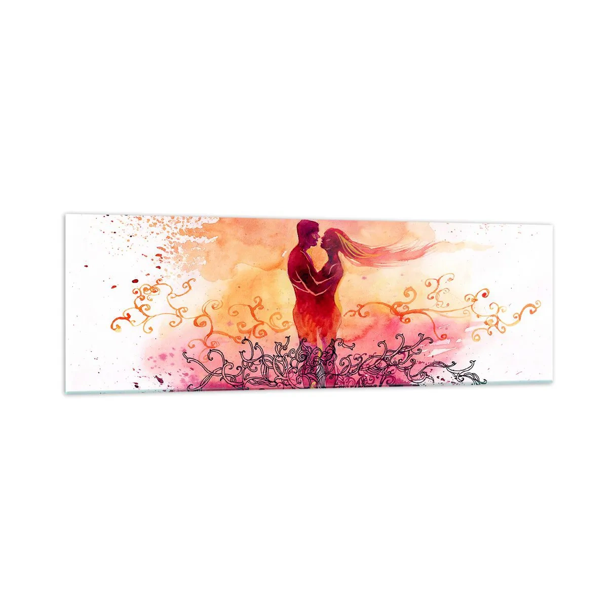Impression sur verre - Image sur verre - Un couple s'embrassant sur un motif abstrait rose et orange - 160x50cm - Un coeur! Je n'ai pas besoin de beaucoup… - Décoration murale moderne pour le salon et la chambre ARTTOR