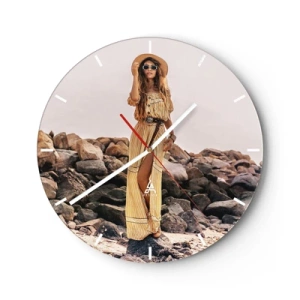 Horloge murale - Pendule murale - Femme élégante en robe d'été sur fond de pierres - 30x30cm - La magie des pierres - Décoration murale moderne pour le salon, la cuisine et la chambre ARTTOR