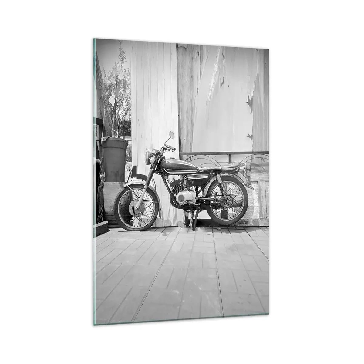 Impression sur verre - Image sur verre - Photo en noir et blanc d'une moto classique - 80x120cm - Classique au dessus de tout - Décoration murale moderne pour le salon et la chambre ARTTOR