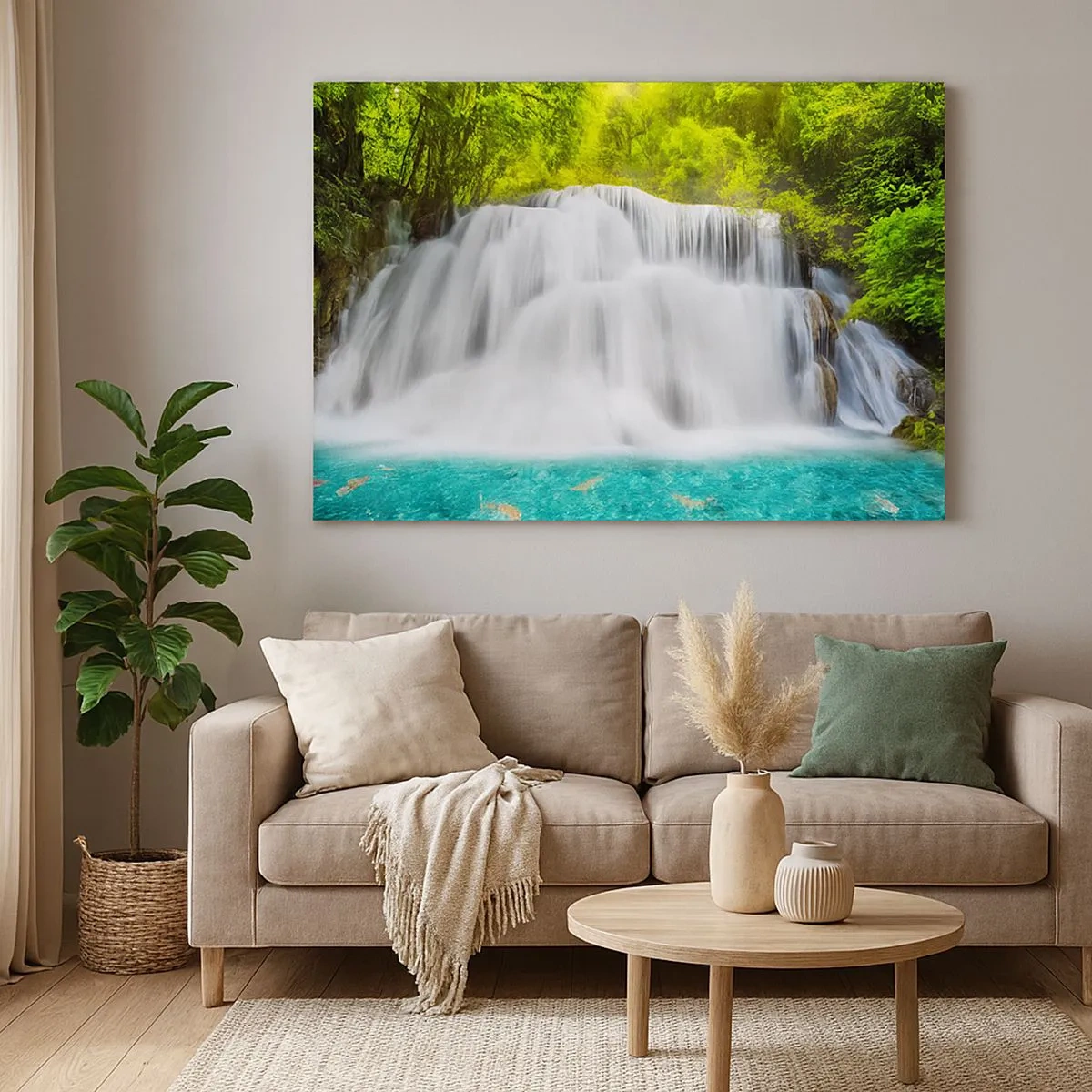 Impression sur toile - Image sur toile - Une cascade dans une forêt tropicale avec de l'eau turquoise - 70x50cm - Une cascade mousseuse du vert à l'azur - Décoration murale moderne pour le salon et la chambre ARTTOR