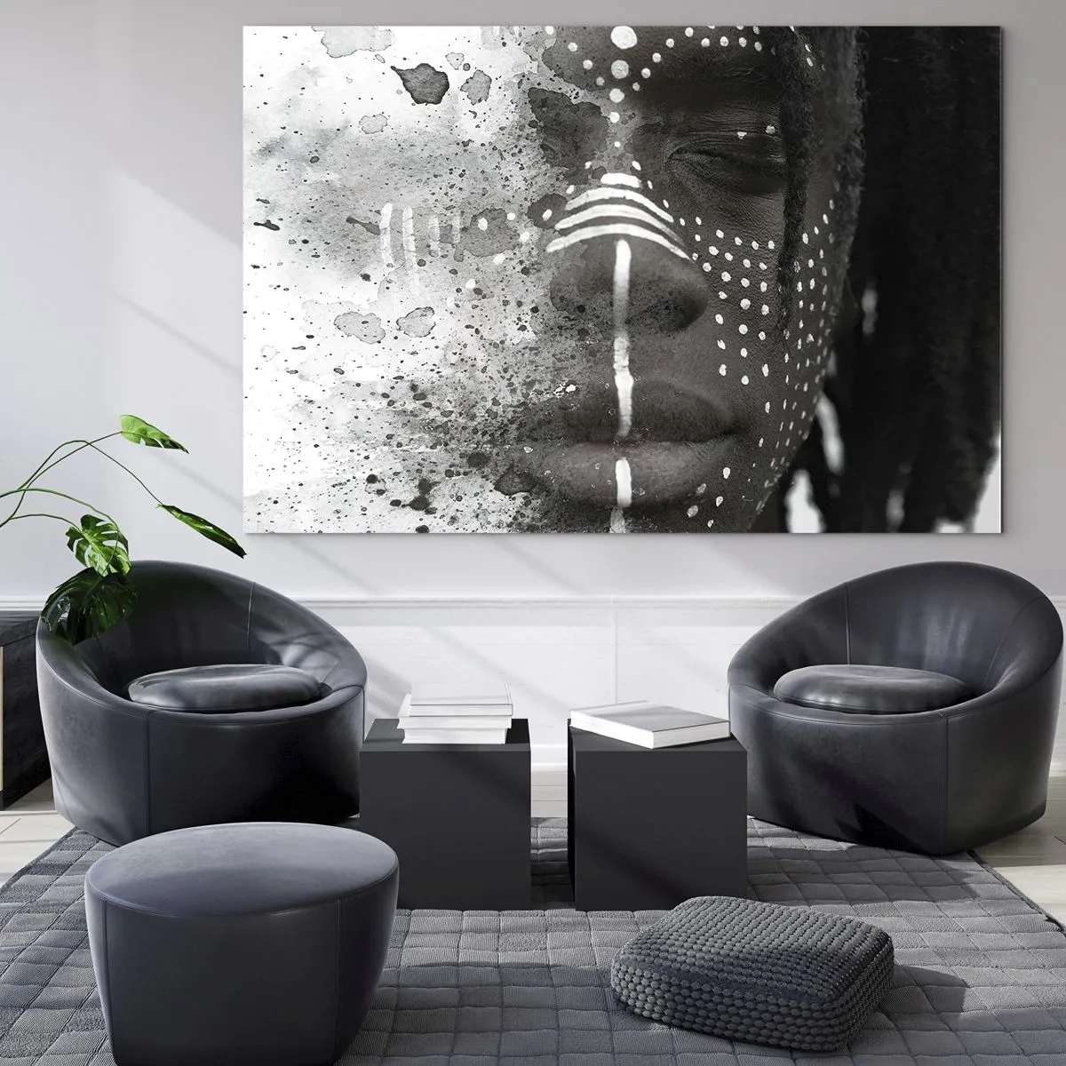 Impression sur verre - Image sur verre - Portrait aux motifs ethniques en noir et blanc avec un effet aquarelle - 120x80cm - Découvrez l'esprit primal - Décoration murale moderne pour le salon et la chambre ARTTOR