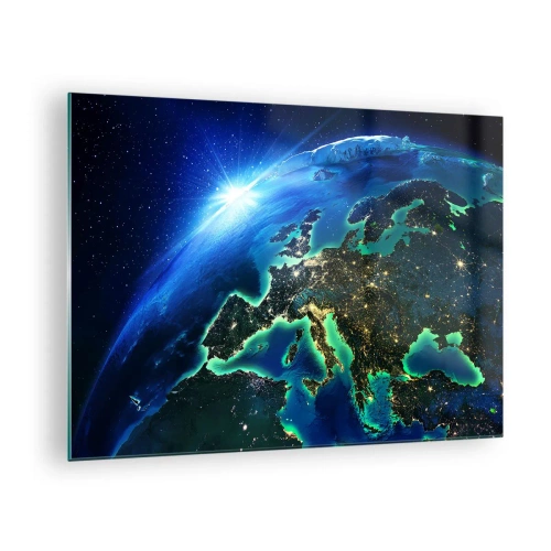 Impression sur verre - Image sur verre - Vue de la Terre depuis l'espace avec Europe illuminée la nuit - 70x50cm - Europe pétillante - Décoration murale moderne pour le salon et la chambre ARTTOR