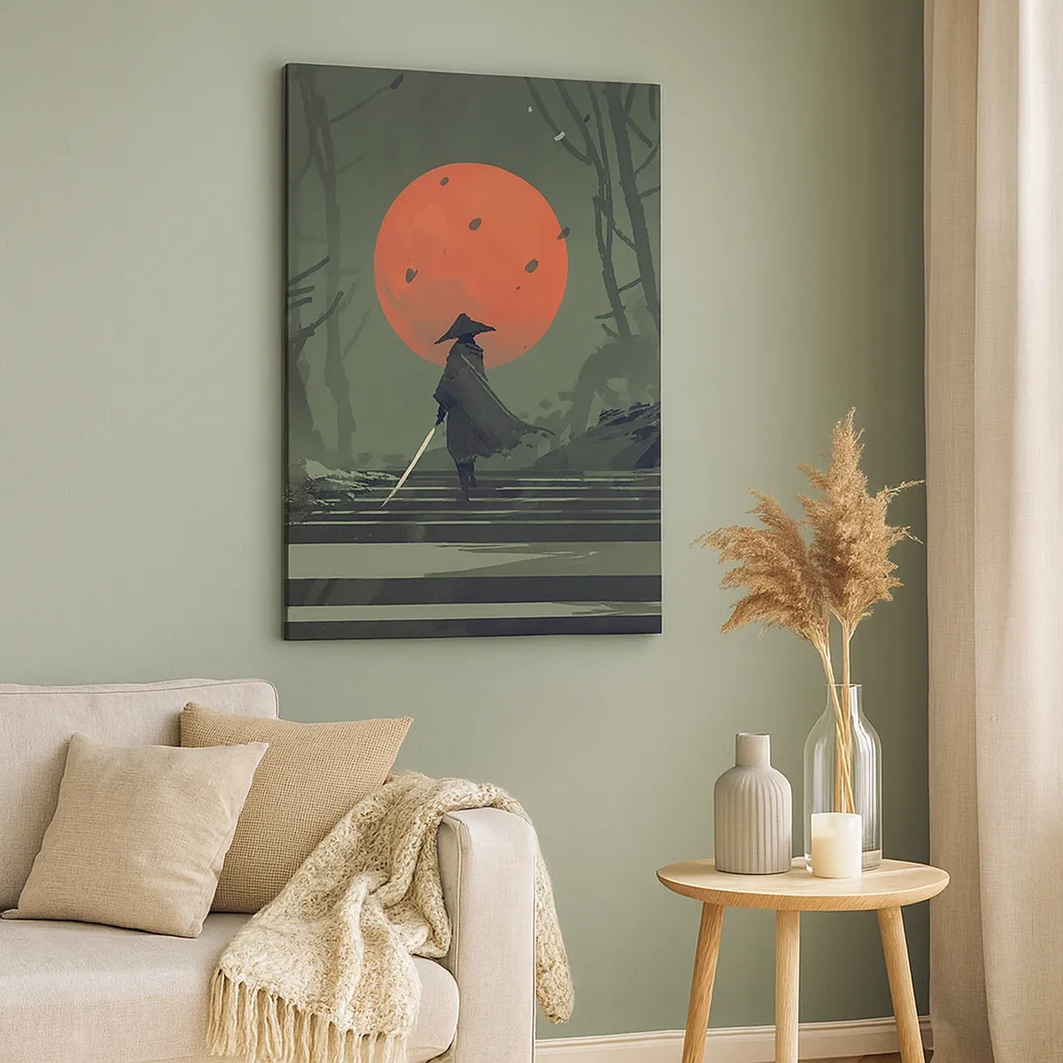 Impression sur toile - Image sur toile - Un guerrier solitaire avec une épée sur fond de lune rouge dans une forêt sombre. - 50x70cm - Guerrier de la lune rouge - Décoration murale moderne pour le salon et la chambre ARTTOR