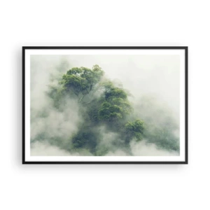 Affiche dans un cadre noir - Poster - Arbres verts dans un épais brouillard sur fond naturel - 100x70cm - Enveloppé de brouillard - Décoration murale moderne pour le salon et la chambre ARTTOR