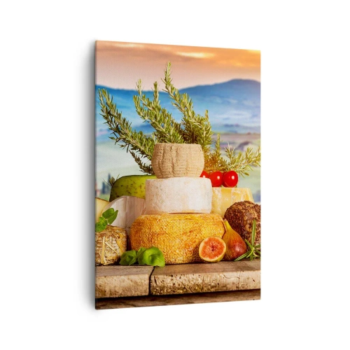 Impression sur toile - Image sur toile - Une composition de fromages et de fruits sur fond de paysage toscan - 70x100cm - La joie de vivre à l'italienne - Décoration murale moderne pour le salon et la chambre ARTTOR