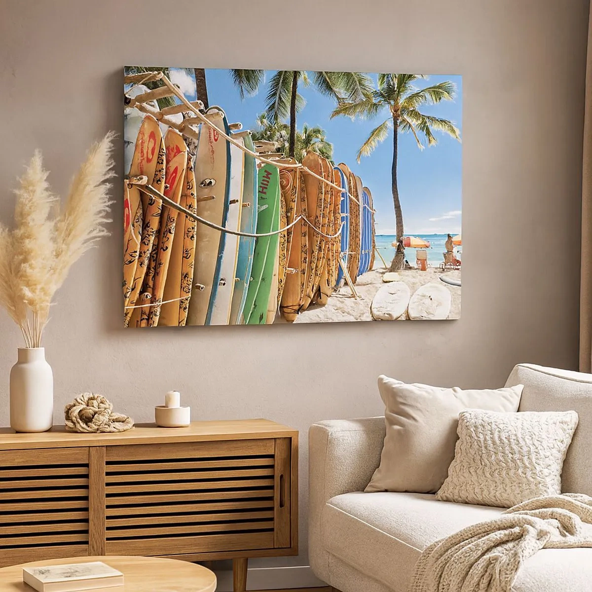 Impression sur toile - Image sur toile - Planches de surf sur une plage avec des palmiers - 70x50cm - Jeux ensoleillés - Décoration murale moderne pour le salon et la chambre ARTTOR