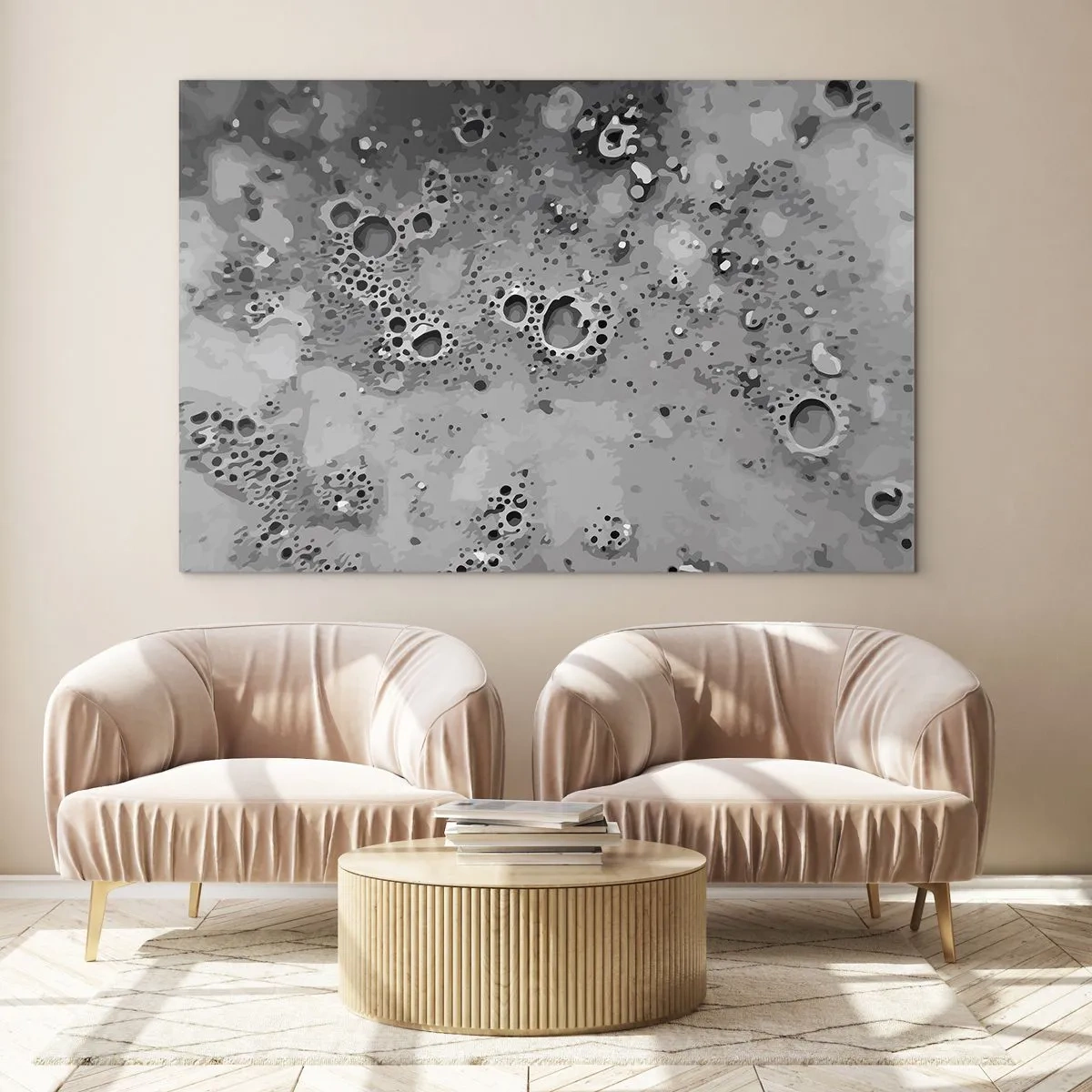 Impression sur verre - Image sur verre - Un motif abstrait ressemblant à la surface de la lune dans des tons de gris. - 100x70cm - Comme un paysage lunaire - Décoration murale moderne pour le salon et la chambre ARTTOR