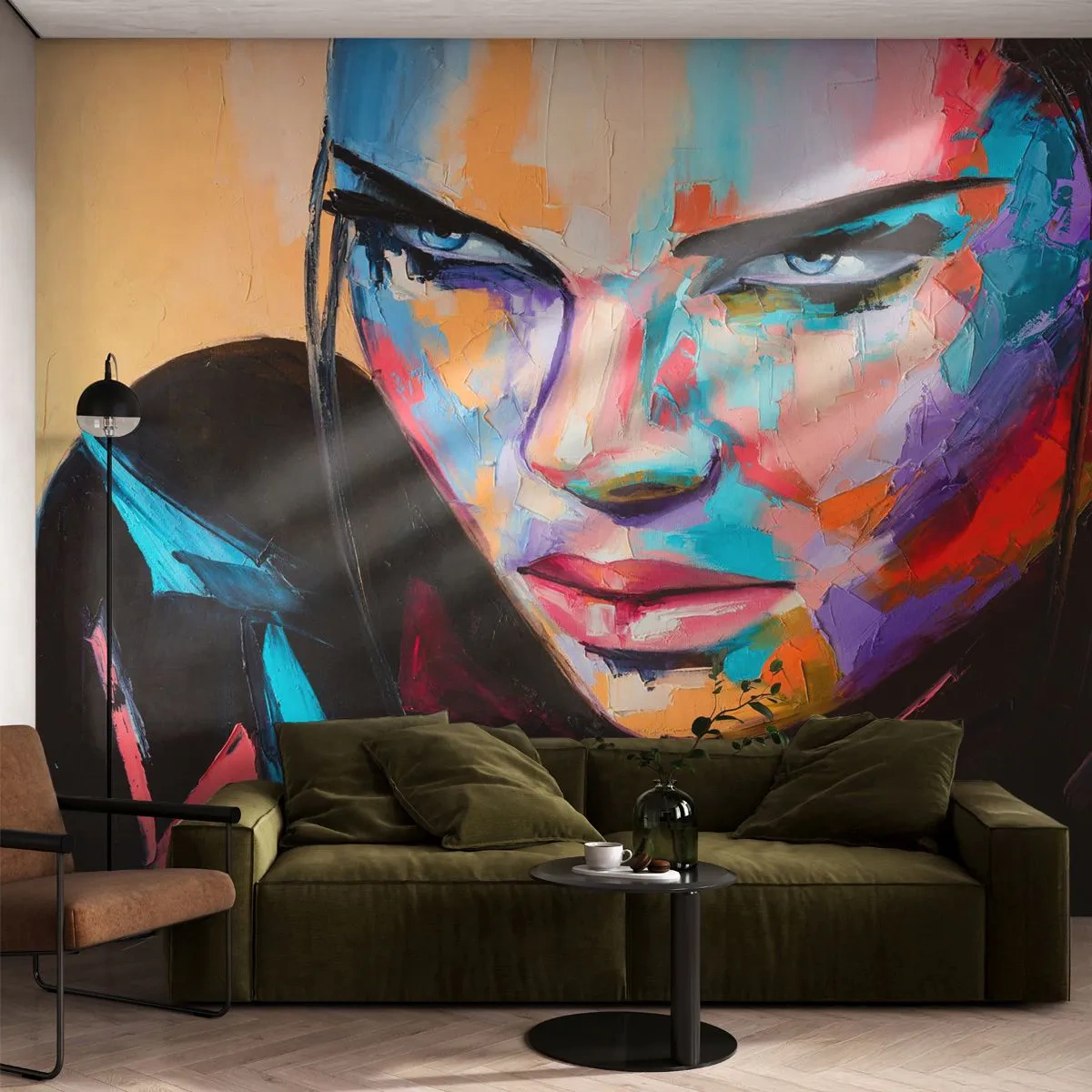 Papier Peint Photo Premium Sand - Portrait d'une femme aux couleurs expressives, style pictural - 100x70cm - Le coeur sauvageon - Décoration murale moderne pour le salon et la chambre ARTTOR