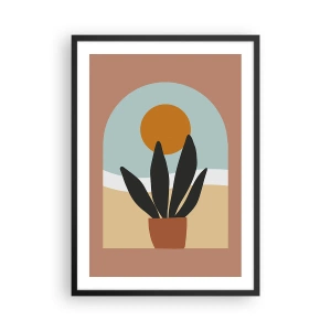 Affiche dans un cadre noir - Poster - Une plante en pot devant une arche avec un coucher de soleil en arrière-plan - 50x70cm - Petits bonheurs - Décoration murale moderne pour le salon et la chambre ARTTOR