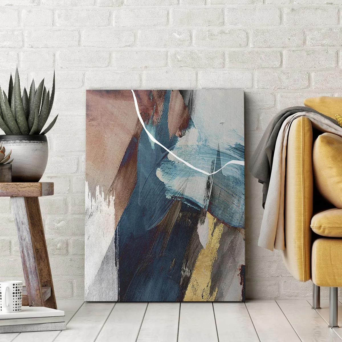 Impression sur toile - Image sur toile - Coups de pinceau abstraits dans des tons de bleu et d'or - 50x70cm - Avec panache et énergie - Décoration murale moderne pour le salon et la chambre ARTTOR