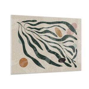 Impression sur verre - Image sur verre - Formes organiques en vert sur fond beige - 70x50cm - Parmi la verdure - Décoration murale moderne pour le salon et la chambre ARTTOR