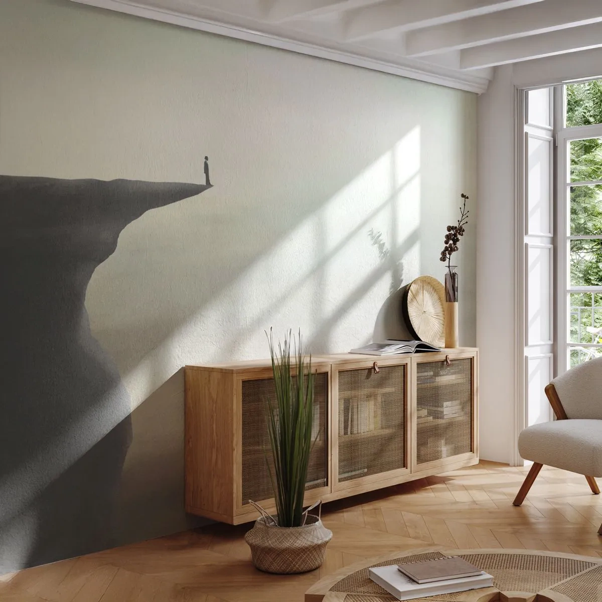 Papier Peint Photo Premium Canvas - Silhouette d'une figure au bord d'une falaise dans un paysage brumeux - 100x70cm - Tout en haut, bien entendu! - Décoration murale moderne pour le salon et la chambre ARTTOR