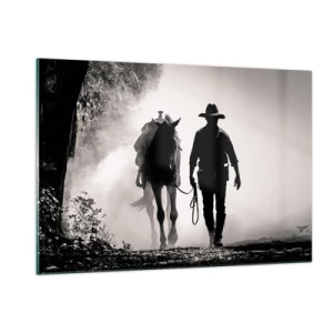Impression sur verre - Image sur verre - Silhouette d'un cow-boy conduisant un cheval à travers un paysage brumeux - 120x80cm - Matinée texane - Décoration murale moderne pour le salon et la chambre ARTTOR