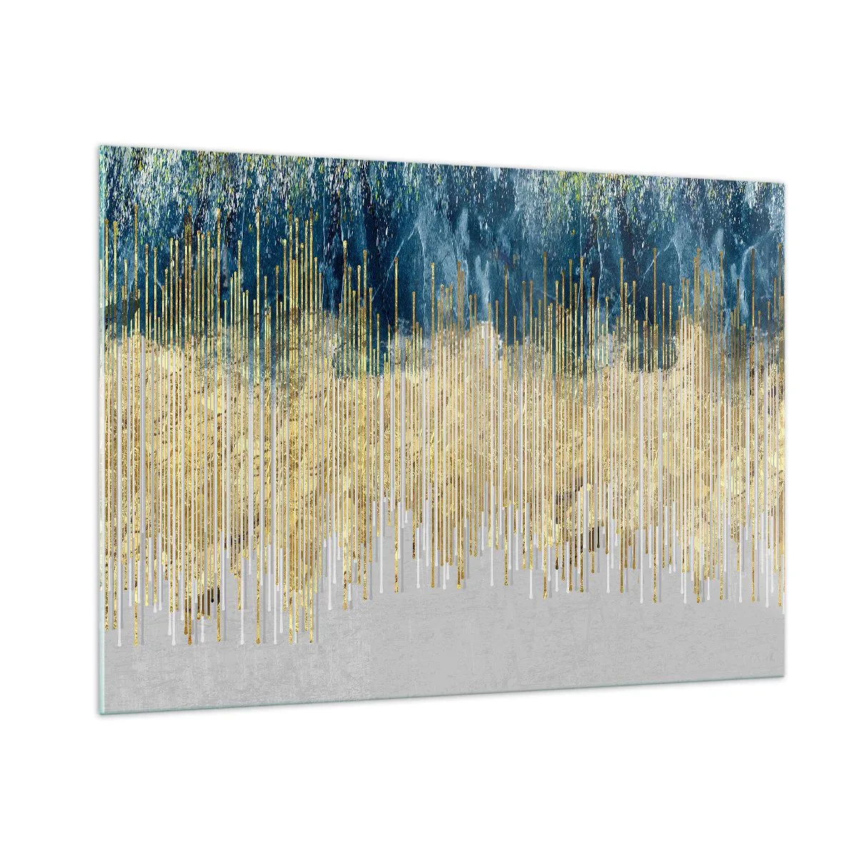 Impression sur verre - Image sur verre - Lignes verticales dorées sur fond de forêt bleu foncé - 100x70cm - Bordure dorée - Décoration murale moderne pour le salon et la chambre ARTTOR