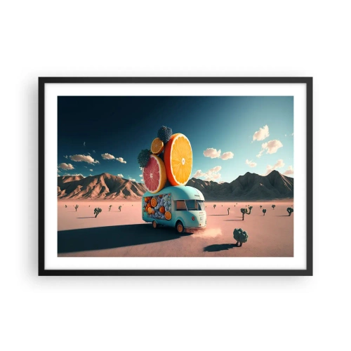 Affiche dans un cadre noir - Poster - Camion de fruits dans un paysage désertique - 70x50cm - Le goût des vacances - Décoration murale moderne pour le salon et la chambre ARTTOR