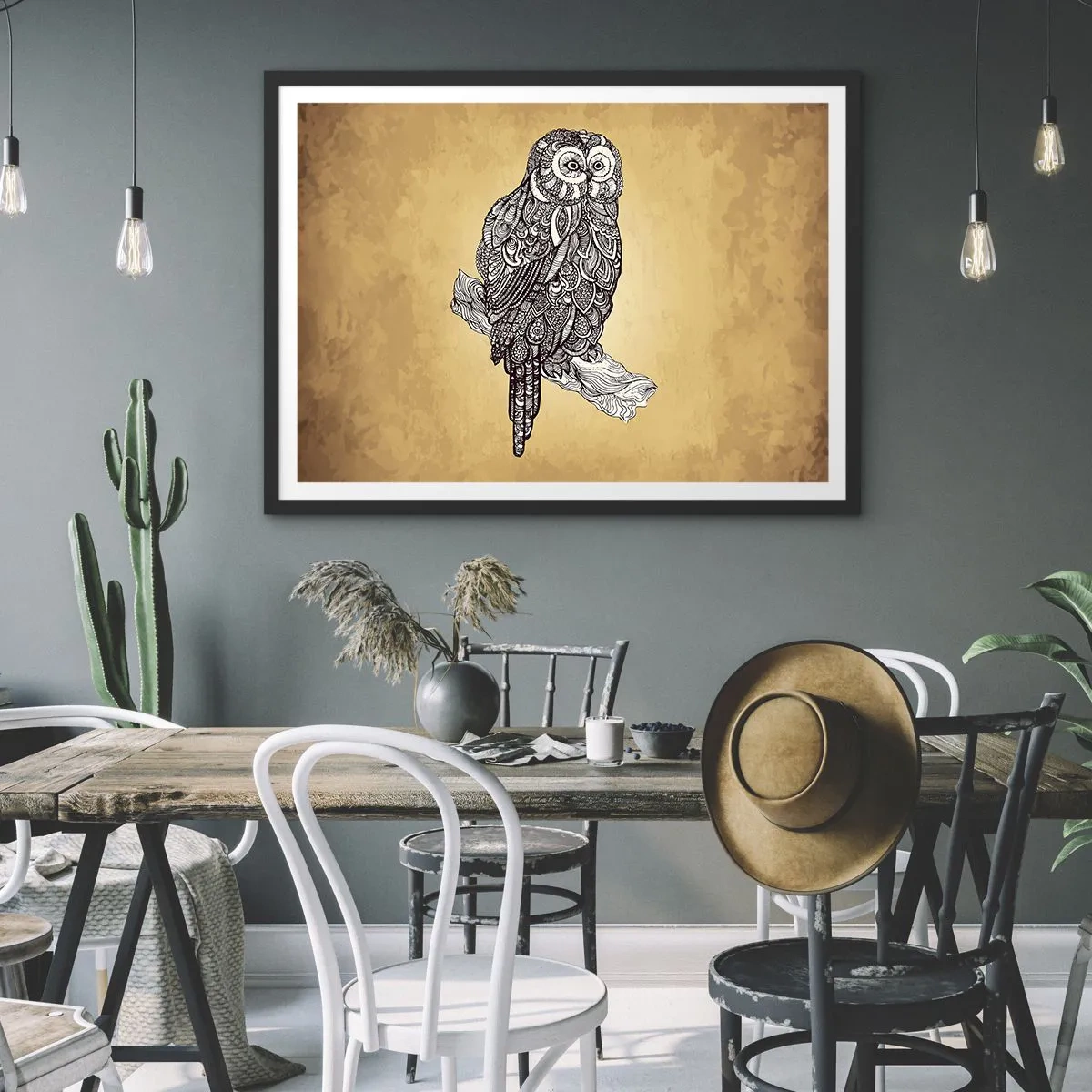Affiche dans un cadre noir - Poster - Un hibou de style ornemental sur fond beige - 70x50cm - Ornements complexes de sagesse - Décoration murale moderne pour le salon et la chambre ARTTOR