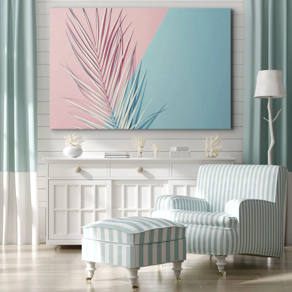 Impression sur toile - Image sur toile - Feuille tropicale sur un fond de tons pastel de rose et de bleu - 100x70cm - Impression tropicale - Décoration murale moderne pour le salon et la chambre ARTTOR