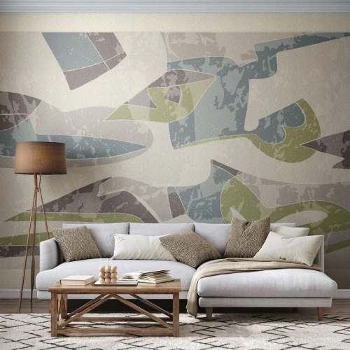 Papier Peint Photo Premium Canvas - Formes abstraites en vert et bleu sur fond clair - 100x70cm - Composition derrière la vitre - Décoration murale moderne pour le salon et la chambre ARTTOR