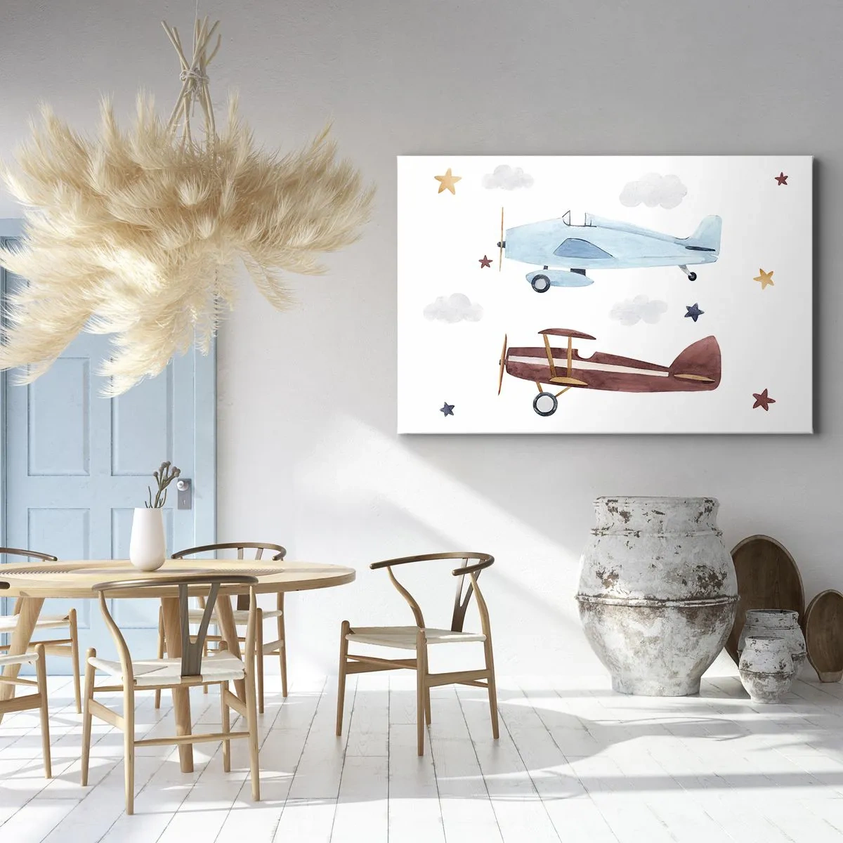 Impression sur toile - Image sur toile - Avions peints à la main sur fond de nuages et d'étoiles - 120x80cm - Monsieur le pilote, nous vous attendons ! - Décoration murale moderne pour le salon et la chambre ARTTOR