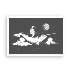 Affiche - Poster - Un astronaute sur le dos d'un narval flottant dans une scène spatiale. - 100x70cm - Cavalier de l'espace - Décoration murale moderne pour le salon et la chambre ARTTOR