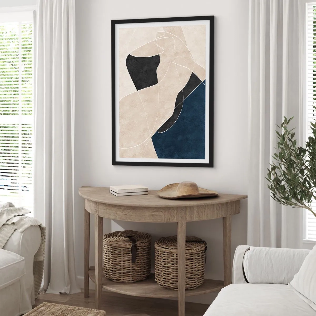Affiche dans un cadre noir - Poster - Abstraction géométrique dans les tons de beige, noir et bleu marine - 50x70cm - Composition abstraite - contraste de couleurs - Décoration murale moderne pour le salon et la chambre ARTTOR