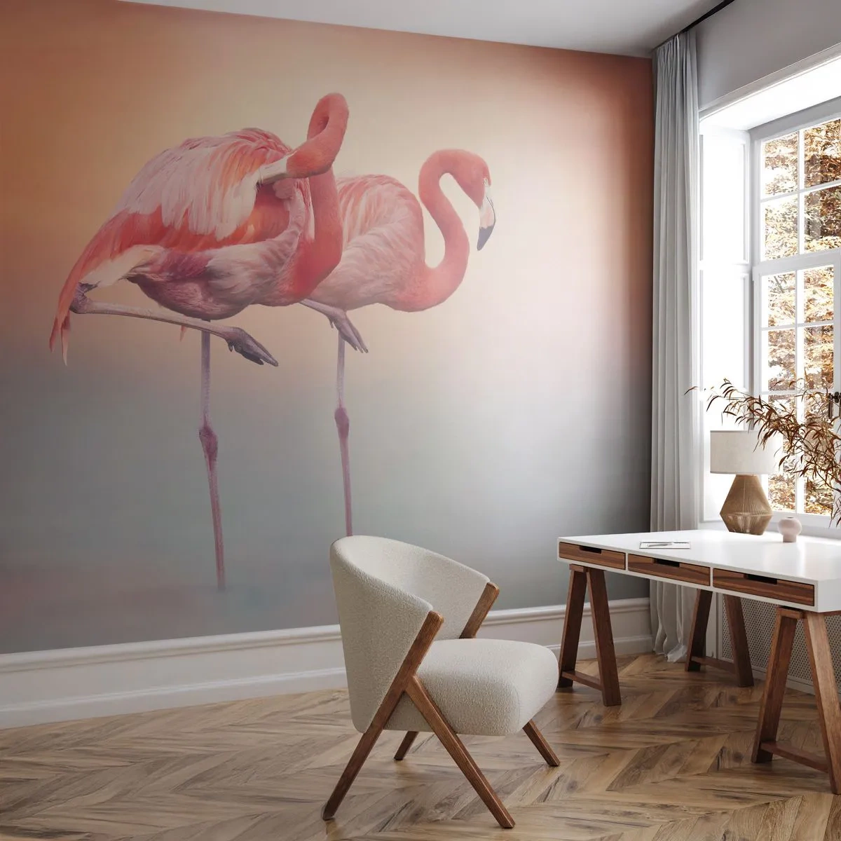 Papier Peint Photo Standard Eco - Dans les couleurs du soleil couchant - Flamants roses, Des oiseaux, Nature - 350x256 cm